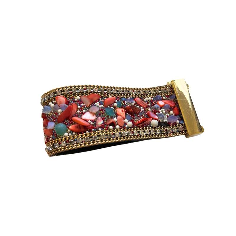 Bracelet - Gold tone multi colour beaded bangle pastel colour stones. Magnetic clasp. - ML3597