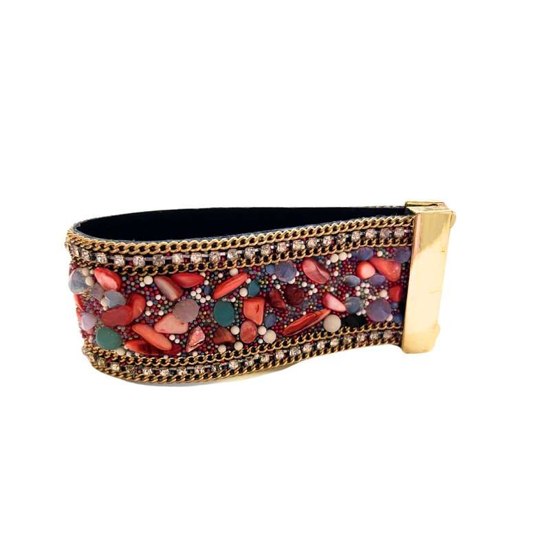 Bracelet - Gold tone multi colour beaded bangle pastel colour stones. Magnetic clasp. - ML3597