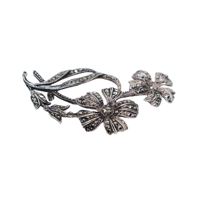 Antique - Silver Marcasite Double Flowe Brooch - 1920/30. Stamped . Made in England - ML3616