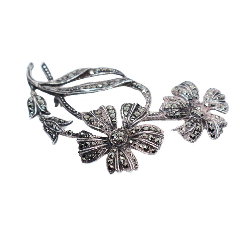 Antique - Silver Marcasite Double Flowe Brooch - 1920/30. Stamped . Made in England - ML3616