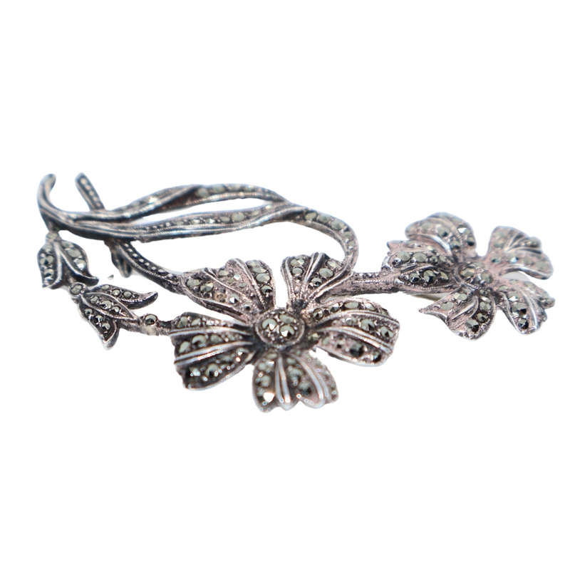 Antique - Silver Marcasite Double Flowe Brooch - 1920/30. Stamped . Made in England - ML3616
