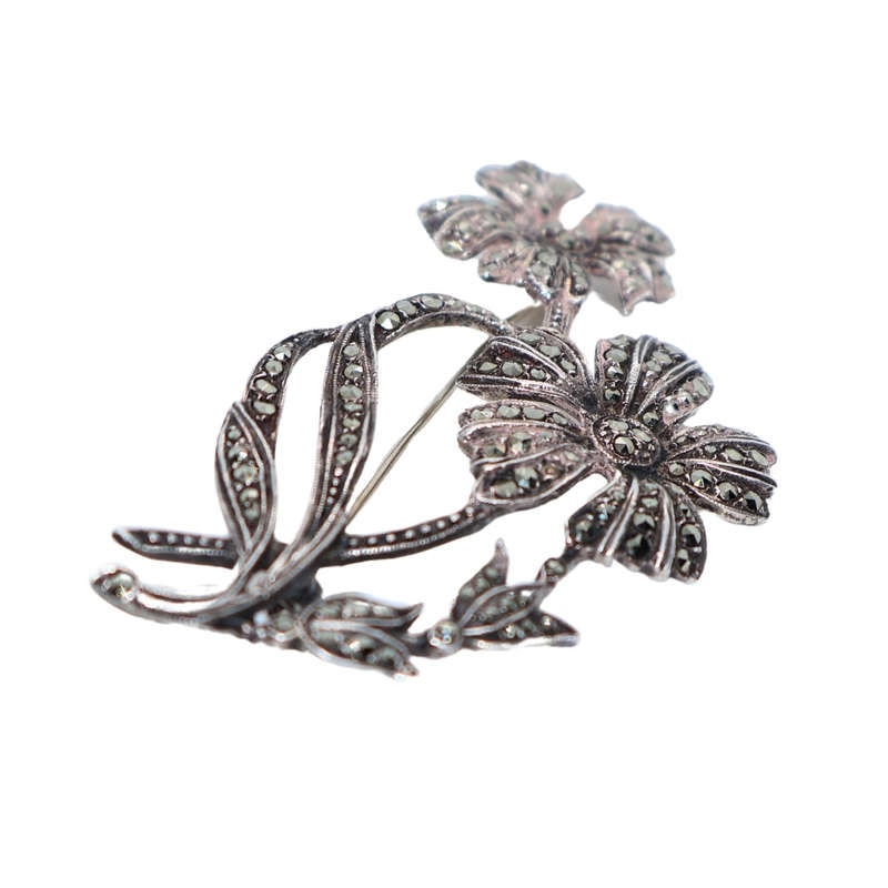 Antique - Silver Marcasite Double Flowe Brooch - 1920/30. Stamped . Made in England - ML3616