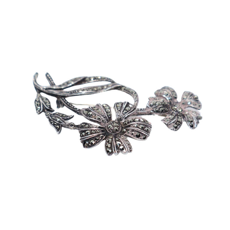 Antique - Silver Marcasite Double Flowe Brooch - 1920/30. Stamped . Made in England - ML3616