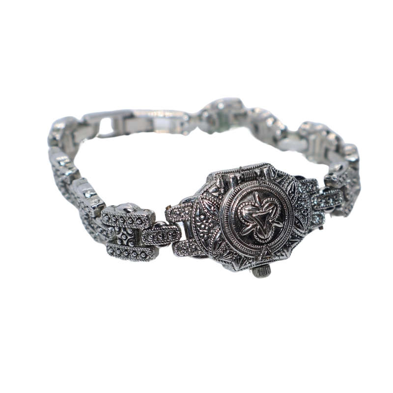 Stainless Steel Art Deco Marcasite Watch. Decorative cover over face of watch. - ML3625