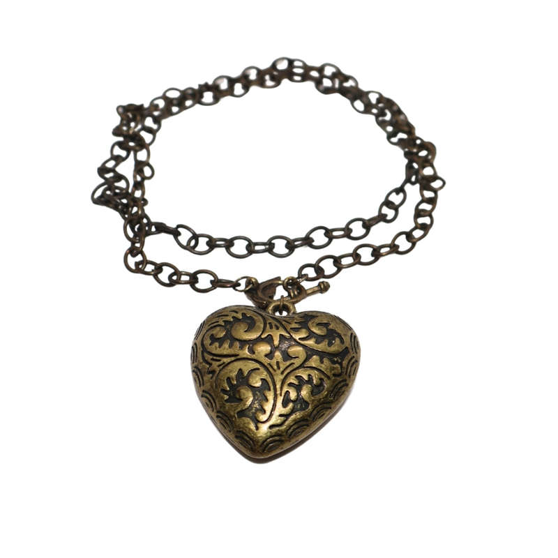 Pendant - Brass Tone ,large heart with engraved design with metal chain - ML3628