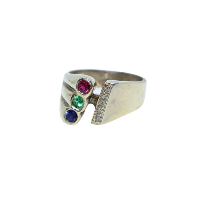 Ring -  Silver Gilt multi row 3 colour stones with strip of small clear stones - ML3634