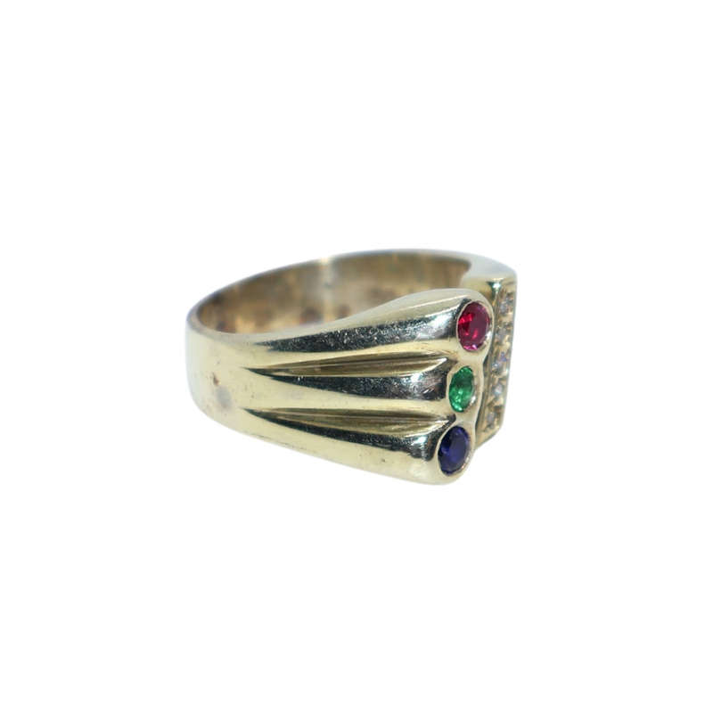 Ring -  Silver Gilt multi row 3 colour stones with strip of small clear stones - ML3634