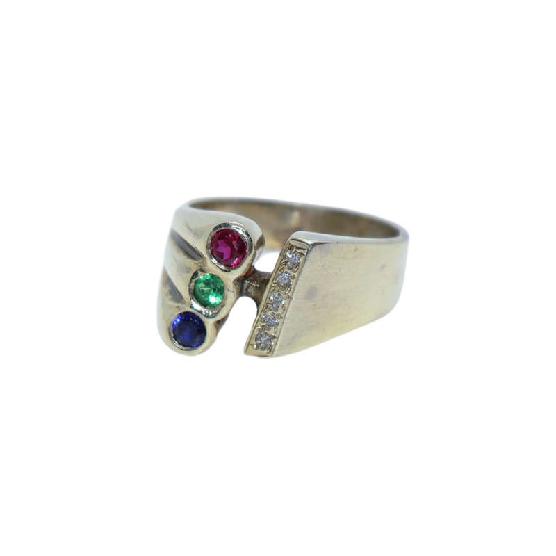 Ring -  Silver Gilt multi row 3 colour stones with strip of small clear stones - ML3634
