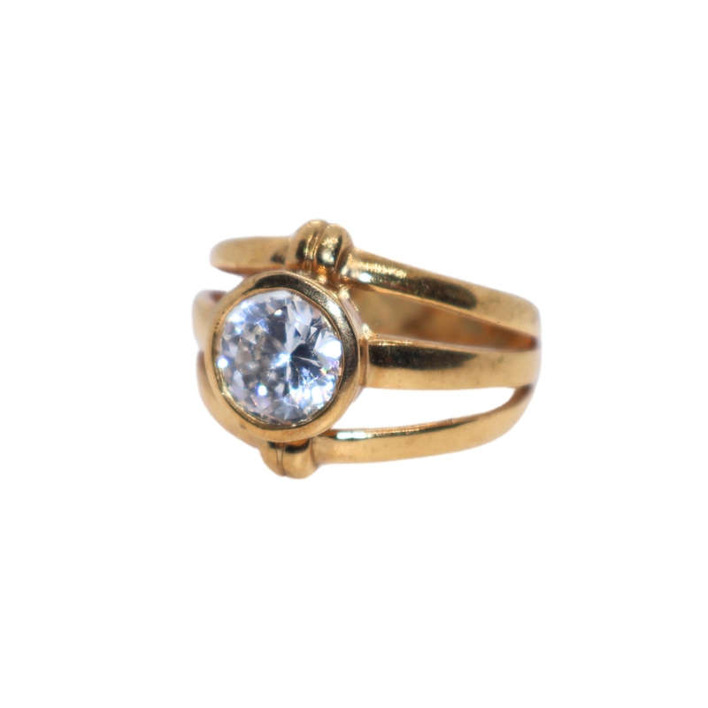 Ring - Silver Gilt. Wide. 3 Bands join with large Cabochon style setting. Large clear stone - ML3635