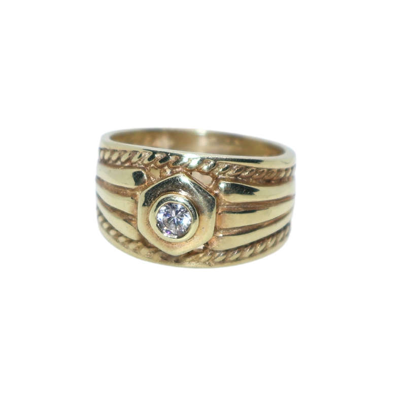 Ring - Silver Gilt. Wide solid and rope design . Clear Cabachon style  centre   stone - ML3640