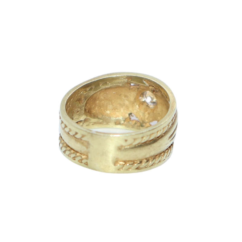 Ring - Silver Gilt. Wide solid and rope design . Clear Cabachon style  centre   stone - ML3640