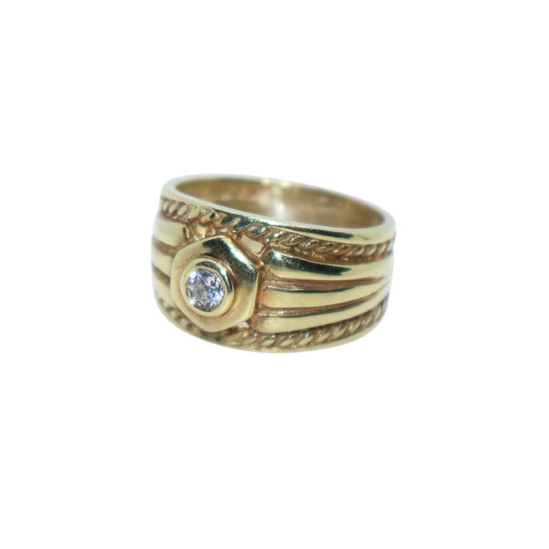 Ring - Silver Gilt. Wide solid and rope design . Clear Cabachon style  centre   stone - ML3640