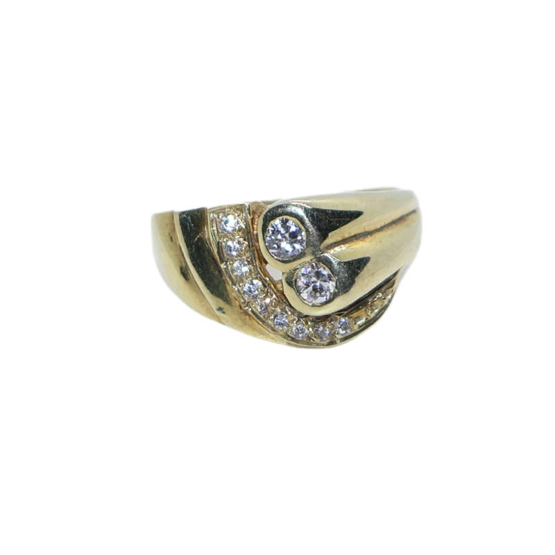 Ring - Silver Gilt. Band line of small clear stones. 2 x tubular  design. 2 x clear stones - ML3646