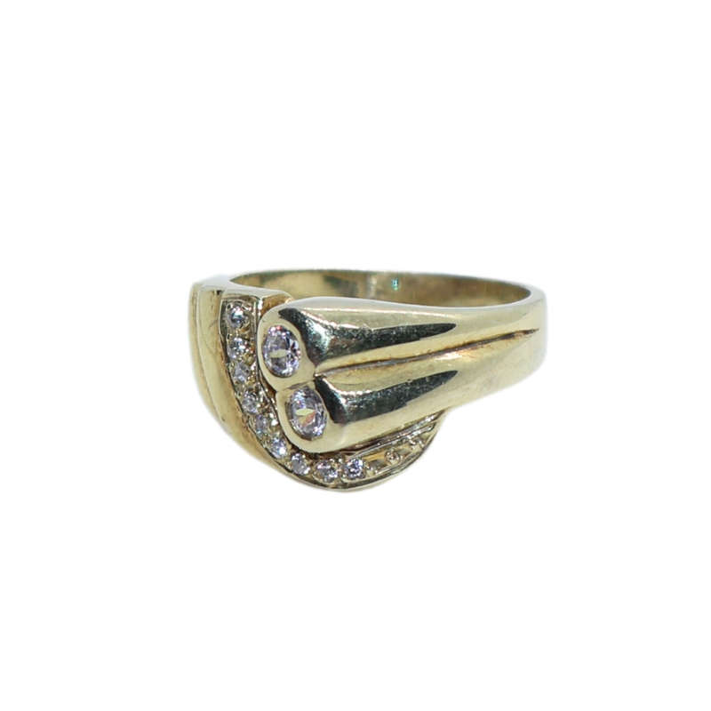 Ring - Silver Gilt. Band line of small clear stones. 2 x tubular  design. 2 x clear stones - ML3646