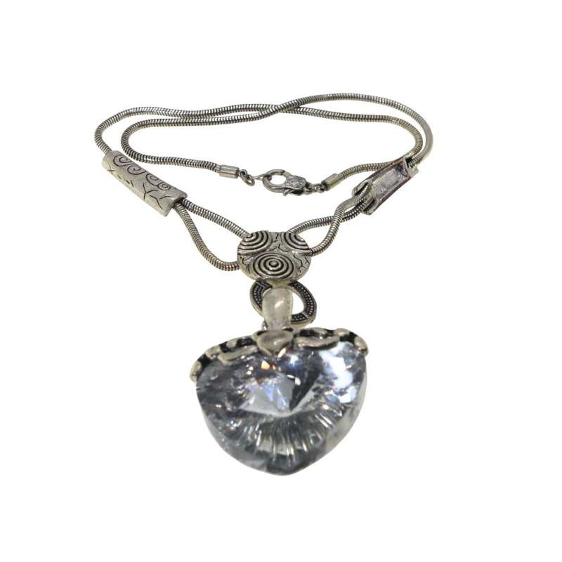 Necklace - Large Heart Pendant with Silver Chain with Patterned Shapes. Silver Colour #ML163