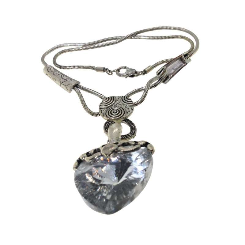 Necklace - Large Heart Pendant with Silver Chain with Patterned Shapes. Silver Colour #ML163