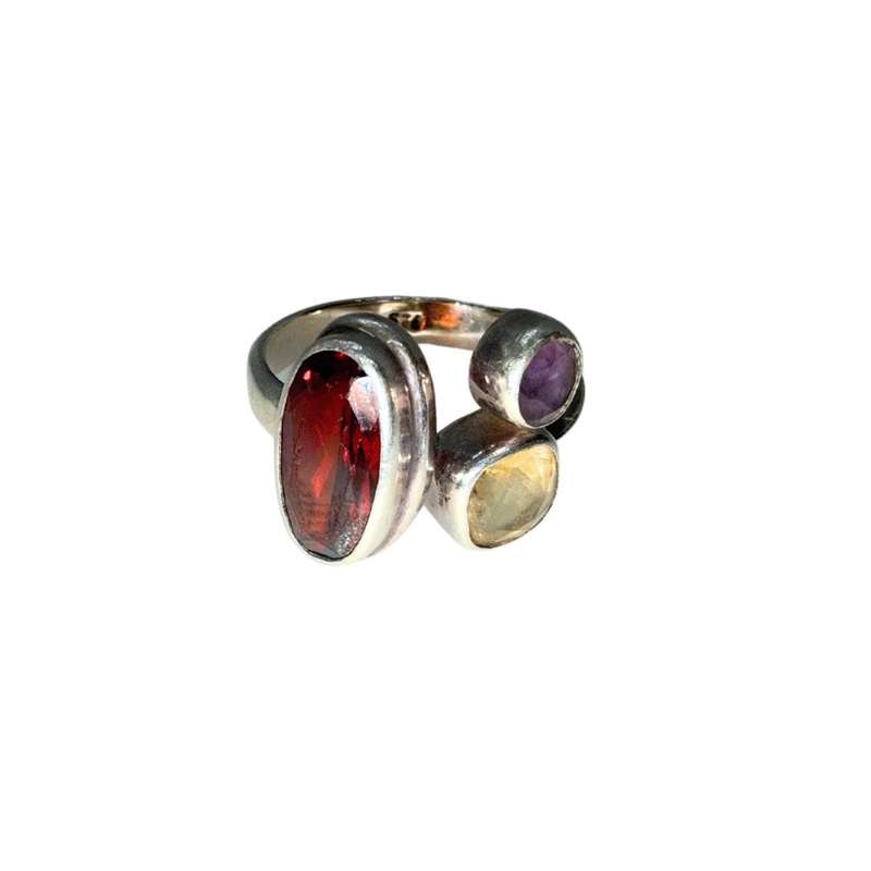 925 Silver Ring With Garnet in Oval Setting, Citrine In Square and Round Amethyst #ML751