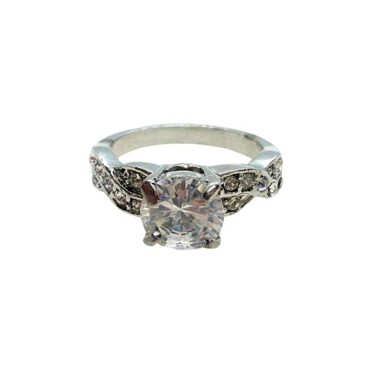 Ring - Silver Tone Band With Clear Stone, Twisted Diamante Sides #ML279
