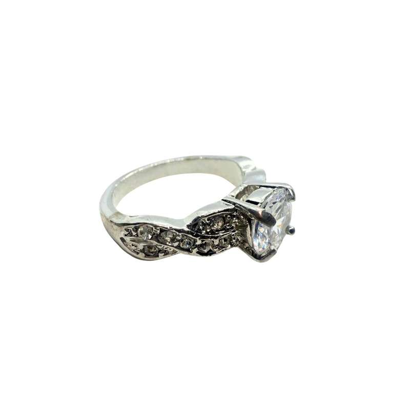 Ring - Silver Tone Band With Clear Stone, Twisted Diamante Sides #ML279