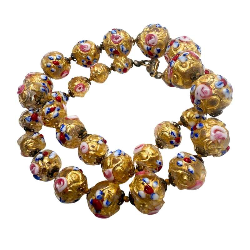 Necklace - Gold Tone Vintage 1960's long Cloisonne hand painted beads - ML3650