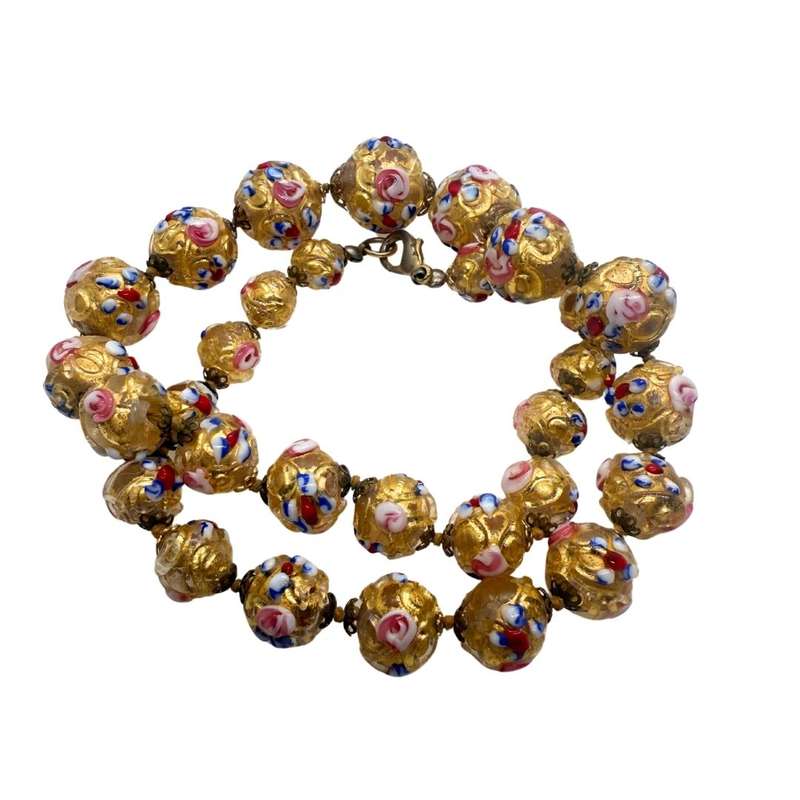 Necklace - Gold Tone Vintage 1960's long Cloisonne hand painted beads - ML3650