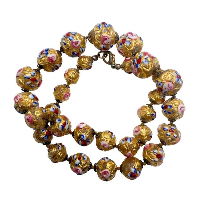Necklace - Gold Tone Vintage 1960's long Cloisonne hand painted beads - ML3650
