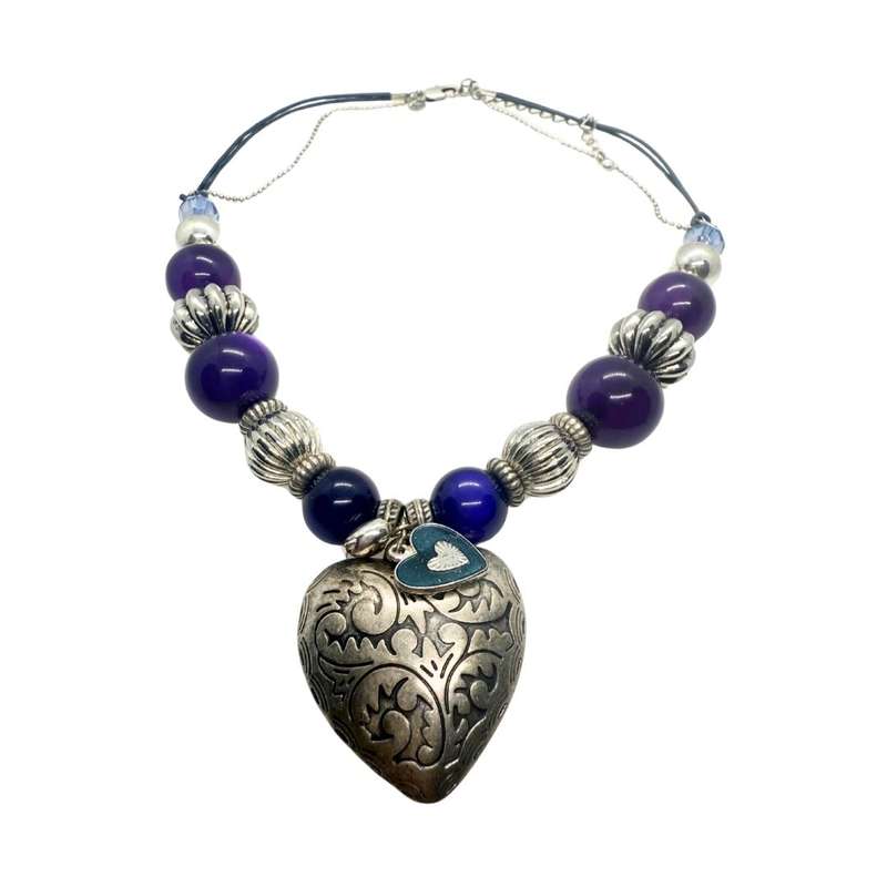 Pendant - Silver Tone Purple & Silver balls. Large heart . Pleather and siilver tone chain - ML3656