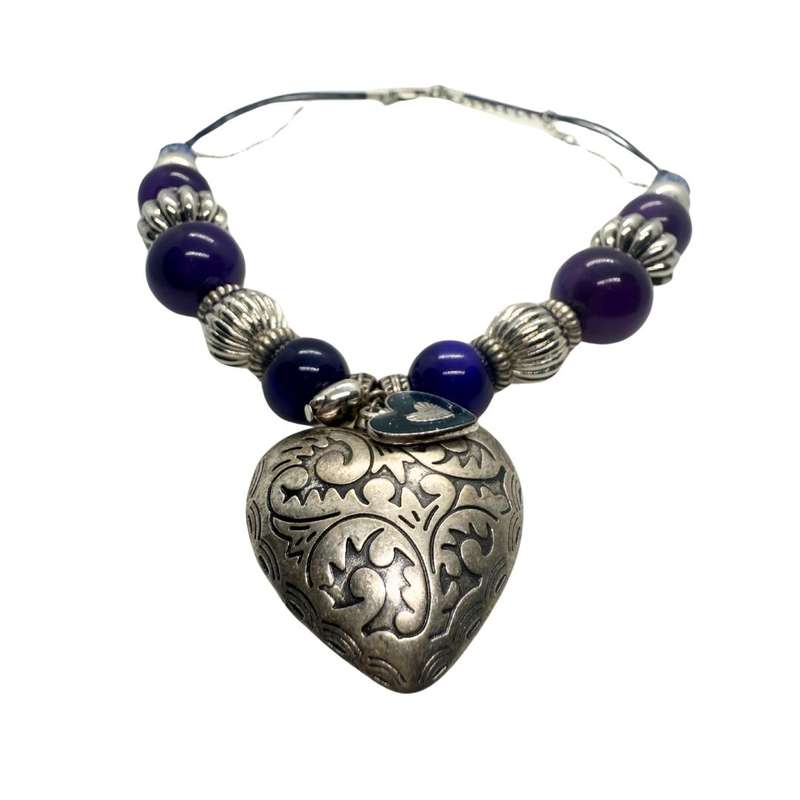 Pendant - Silver Tone Purple & Silver balls. Large heart . Pleather and siilver tone chain - ML3656