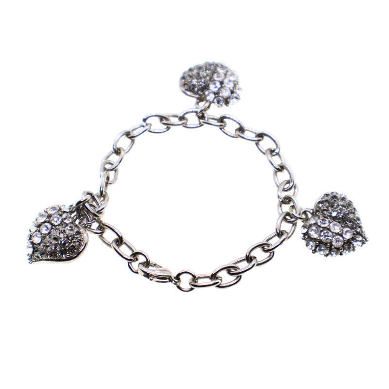 Bracelet -  Silver Tone link Chain. 3 x Diamante Hearts - ML3672