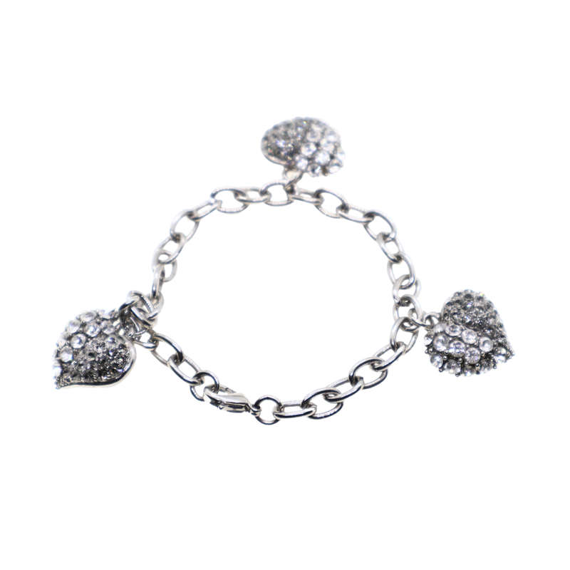 Bracelet -  Silver Tone link Chain. 3 x Diamante Hearts - ML3672