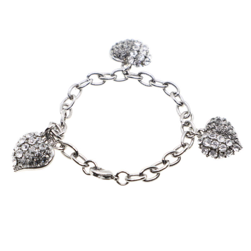Bracelet -  Silver Tone link Chain. 3 x Diamante Hearts - ML3672