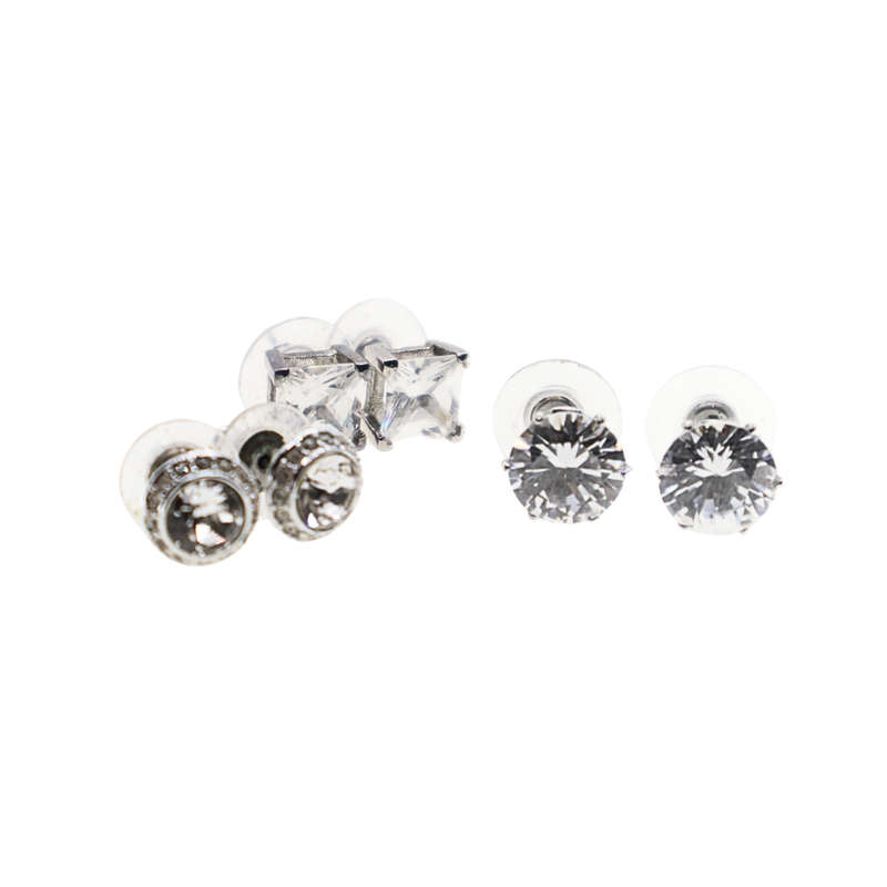 Earrings - Silver tone stud earrings. Large clear stones x 3 pairs - ML3673