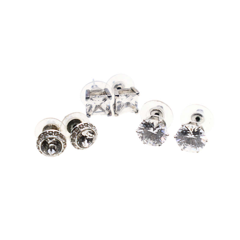 Earrings - Silver tone stud earrings. Large clear stones x 3 pairs - ML3673