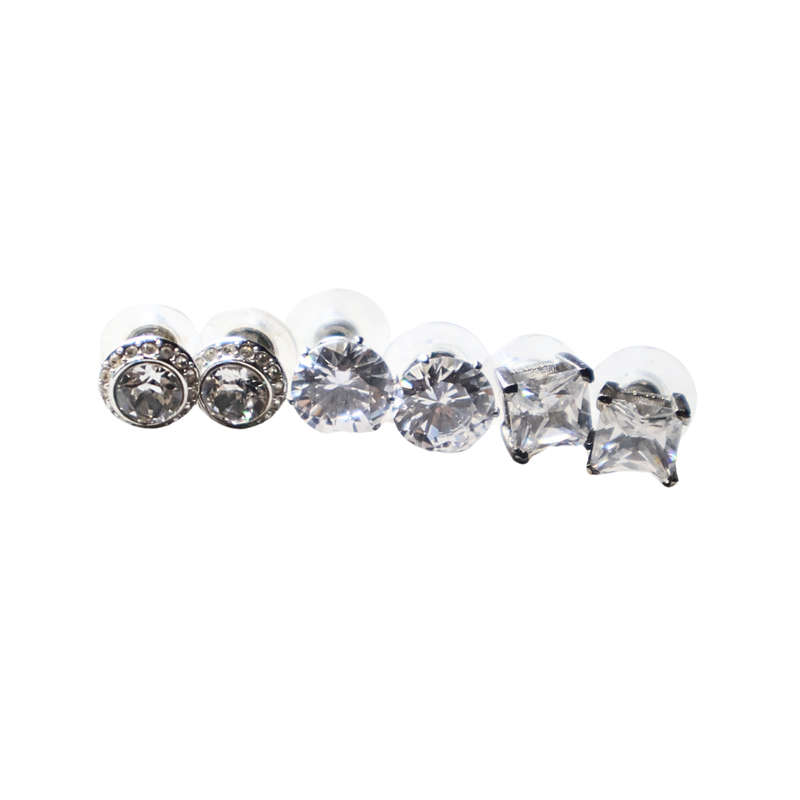 Earrings - Silver tone stud earrings. Large clear stones x 3 pairs - ML3673