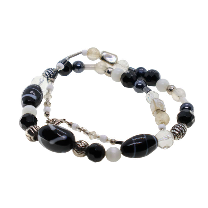 Necklace - Beaded. Shades of Black, White, Silver & Clear Stones. Silver Tone - ML3686