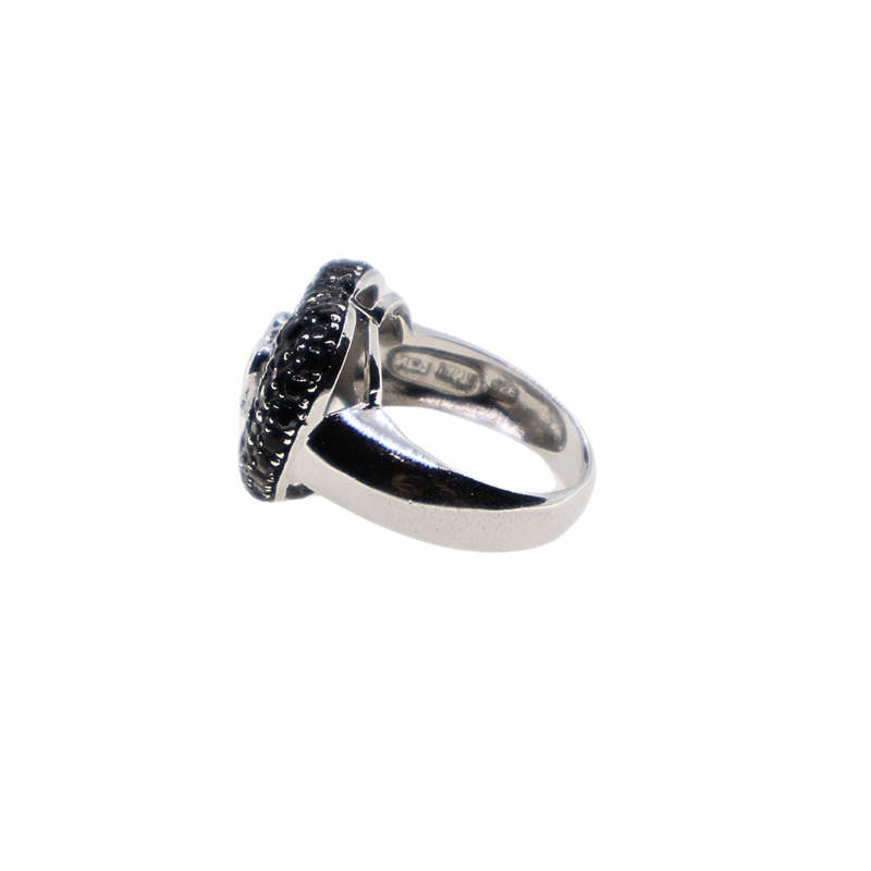 Ring - Silver Heart Ring. Black Stones & Centre Clear Heart Stone - ML3688