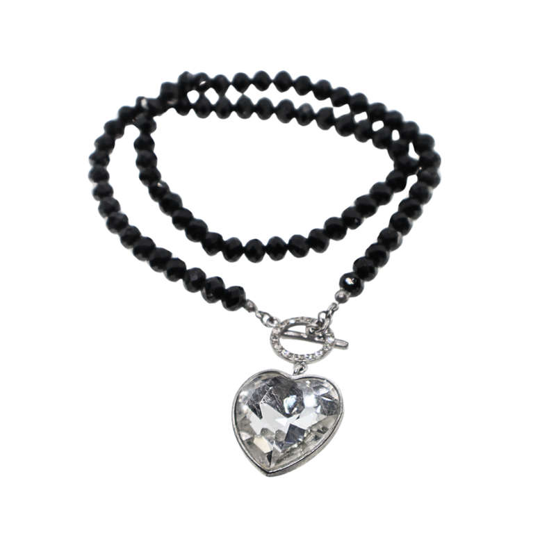 Necklace - Silver ToneBack Crystal Stones with Large Heart. Toggle Clasp - ML3695