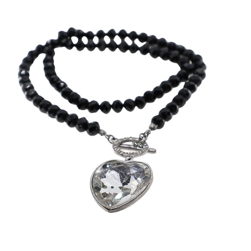 Necklace - Silver ToneBack Crystal Stones with Large Heart. Toggle Clasp - ML3695