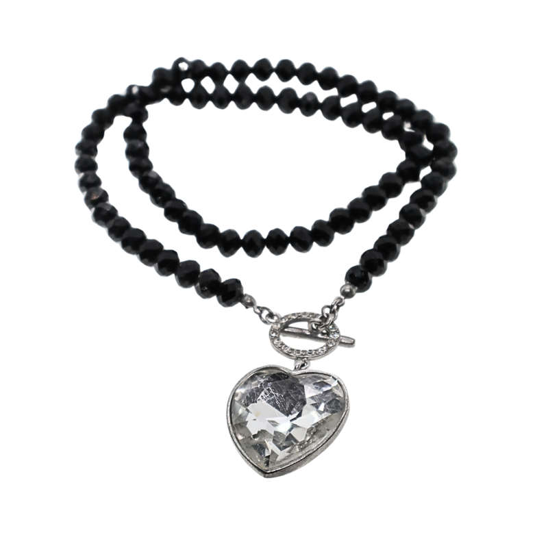 Necklace - Silver ToneBack Crystal Stones with Large Heart. Toggle Clasp - ML3695