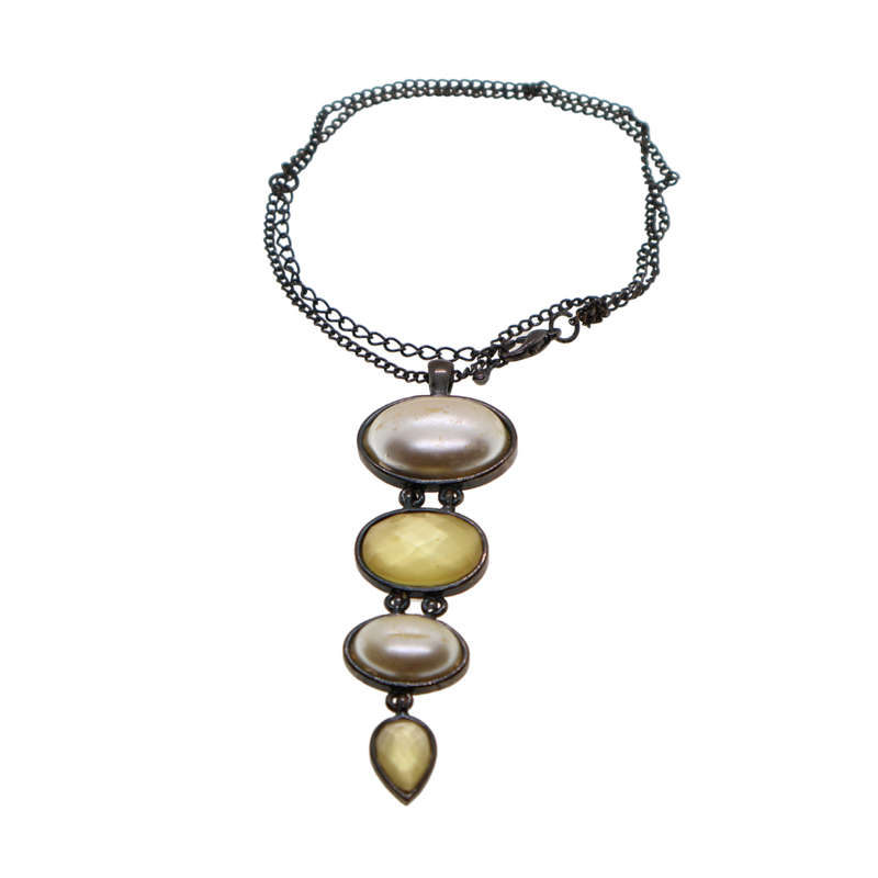Pendant - Metallic Tone Rustic Chain With 4 x Hanging Oval Stones - ML3696