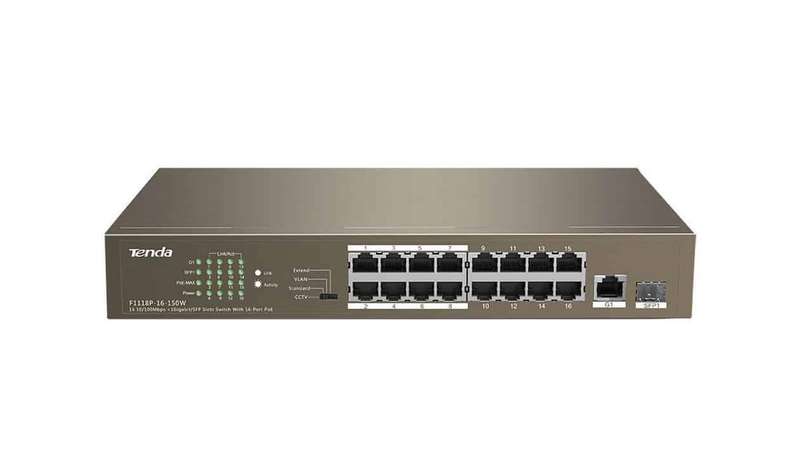 Tenda 16-Port Fast Ethernet Switch with 16-Port PoE | TEF1118P-16-150W