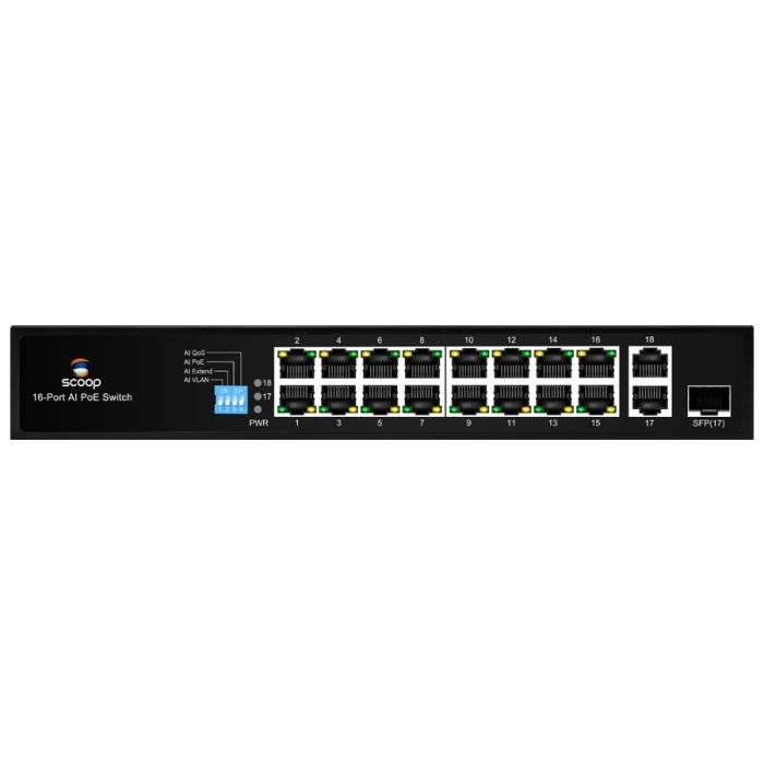 Scoop 16 Port Fast Ethernet AI PoE 150W 2 Gigabit 1SFP Switch