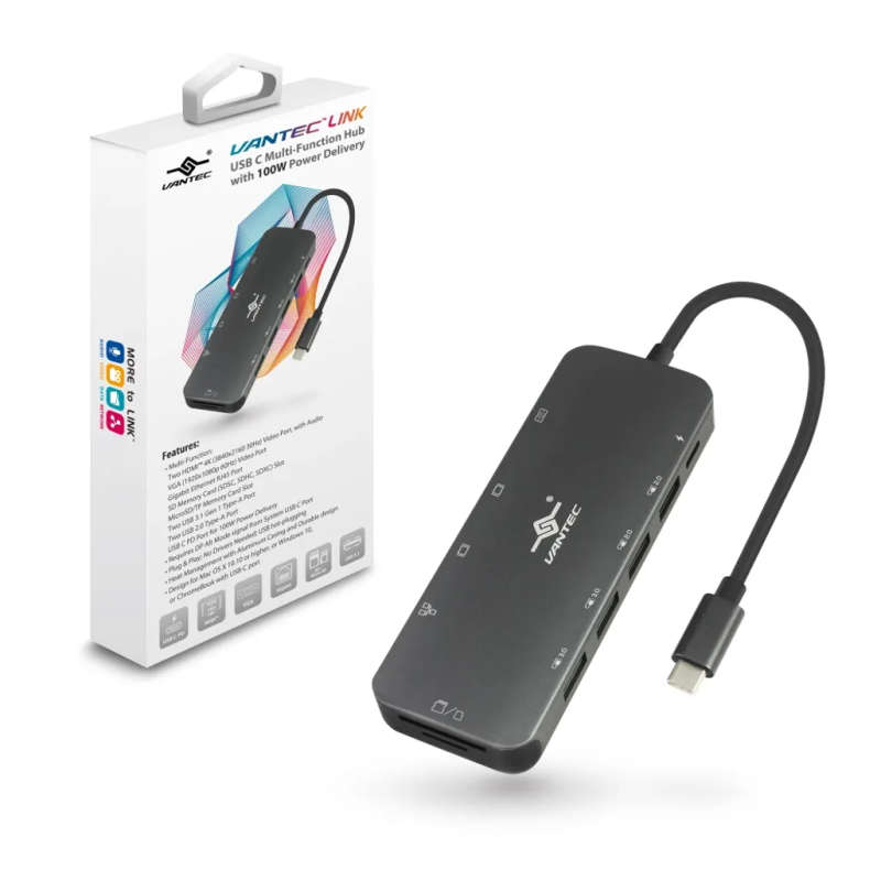 Vantec USB C  Hub 2x USB3. 3 x USB2.0 2x 4K HDMI (60Hz); VGA ; Gigabit RJ45;  SD &amp; MicroSD re...
