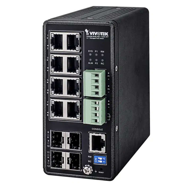 Vivotek L2+ Managed PoE Industrial Switch; 8x POE+; 4x SFP; 240W; 48VDC PSU Required