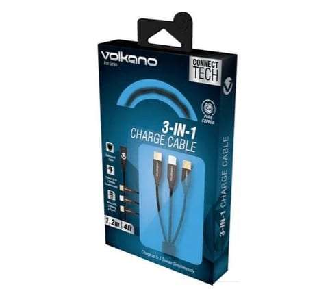 Volkano Iron Series Round Metallic Spring 3 in 1 (Type-C / Lightning / Micro) Cable 1m - Black