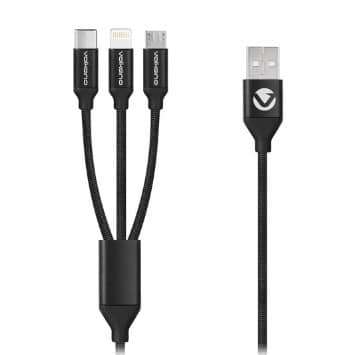 Volkano Weave Series Fabric Braided 3 in 1 (Type-C / Lightning / Micro) Cable 1m - Black
