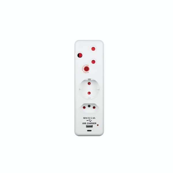 Switched 3 Way Medium Surge adaptor Shuko with type C + USB