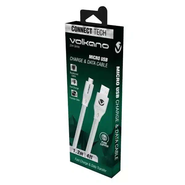 Volkano Slim Series Flat PVC Micro USB Cable 1.2m - White