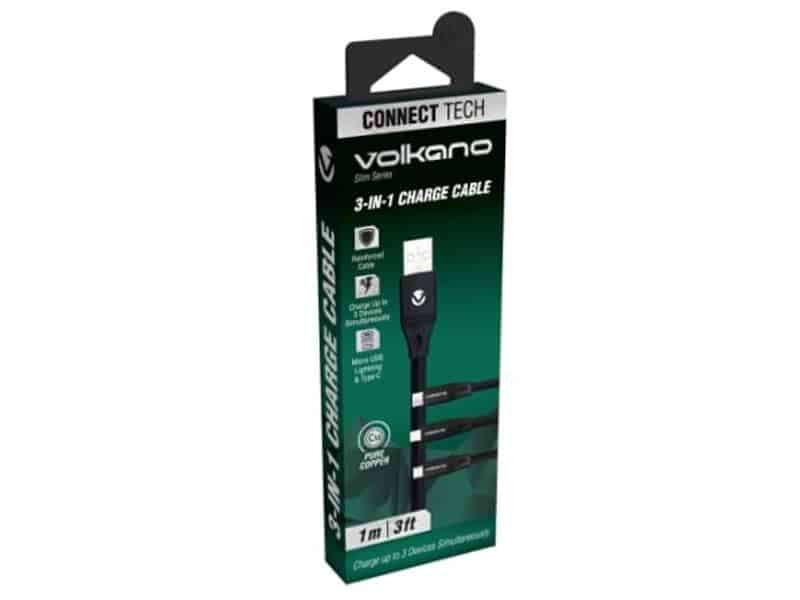 Volkano Slim Series Flat PVC 3 in 1 (Type-C / Lightning / Micro) Cable 1m - Black
