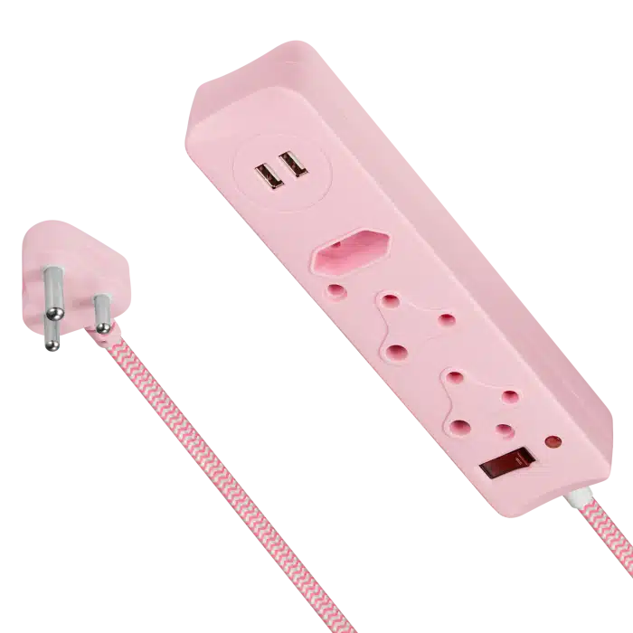 Switched 3 Way Surge Medium Multiplug with Dual USB Ports 0.5M  Pink
